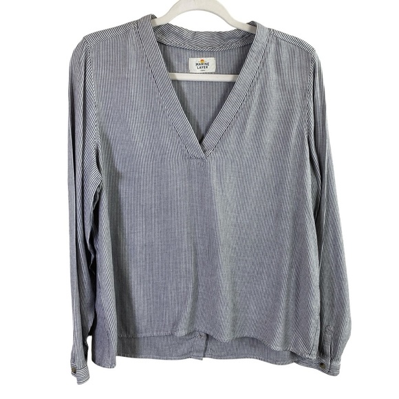 Marine Layer Women’s Laura Popover V-Neck in Black/Cream Stripe Button Back Sz L - Picture 1 of 11